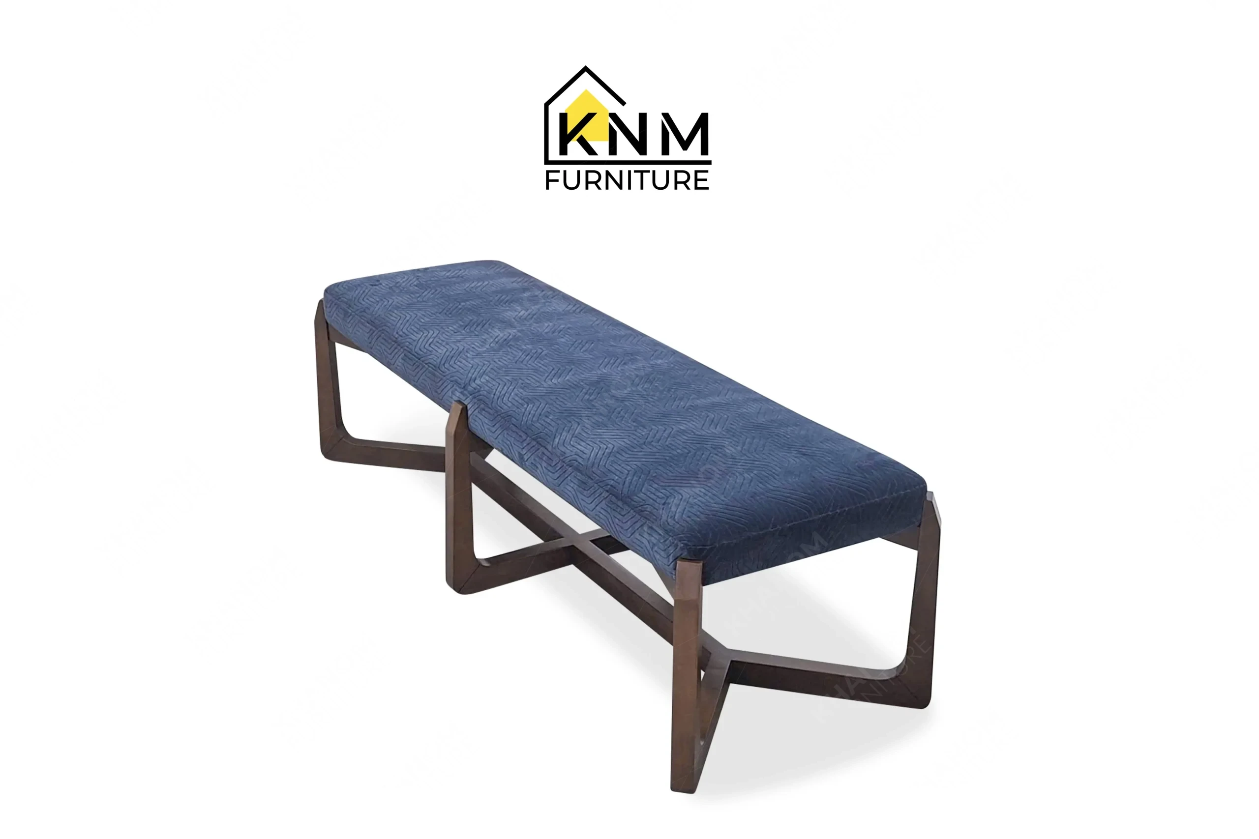 A perspective view illustrating the geometric solid Beech base of the Fabricut upholstered solid Beech dining bench produced by Khanom Furniture.