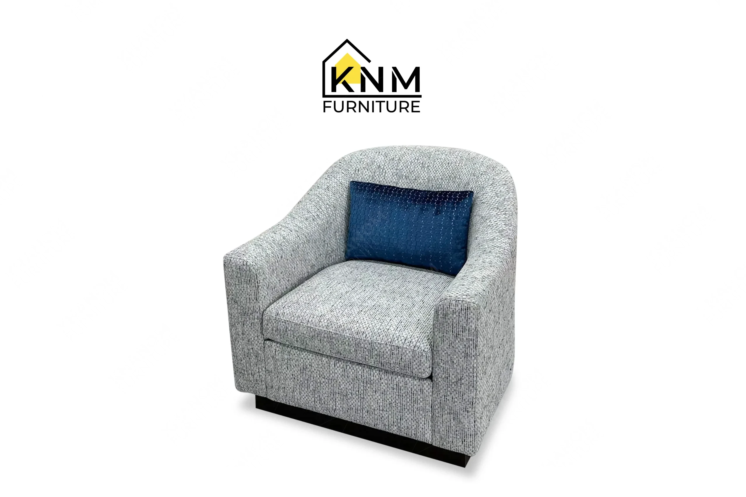 A perspective view illustrating the sloped arms and Solid Beech base of the Fabricut upholstered swivel lounge chair produced by Khanom Furniture.