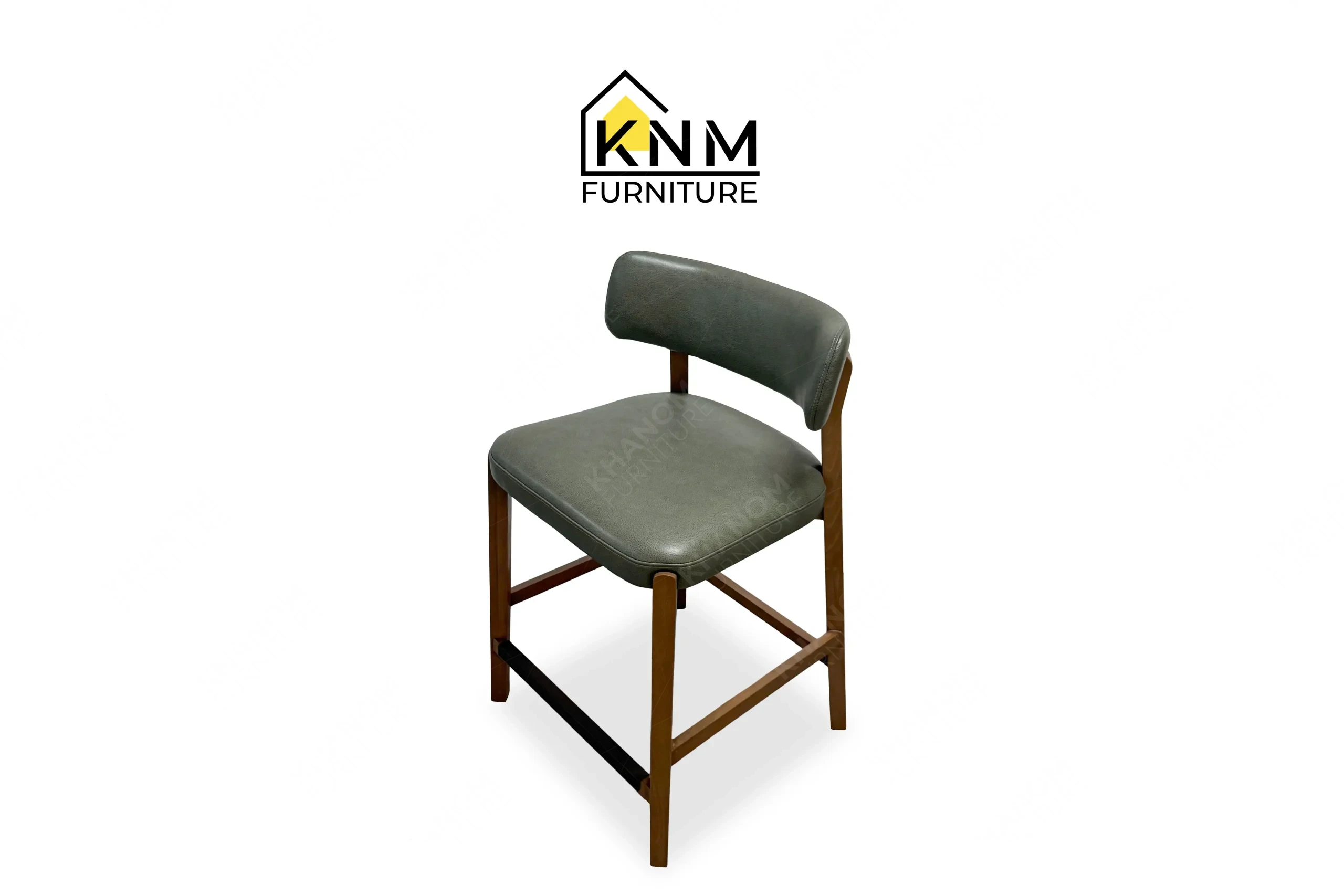 A perspective view illustrating the curved backrest and solid wood frame of the Italian Walnut Maple counter bar stool produced by Khanom Furniture.