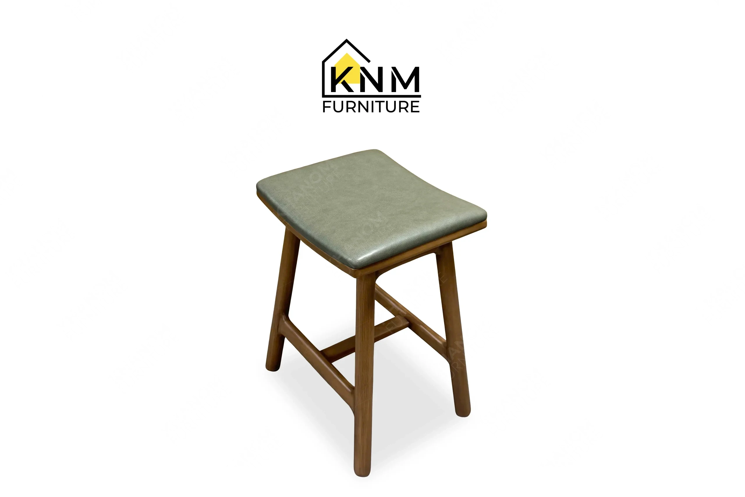 A perspective view illustrating the sturdy maple frame and leather seat of the Maple leather counter bar stool produced by Khanom Furniture.