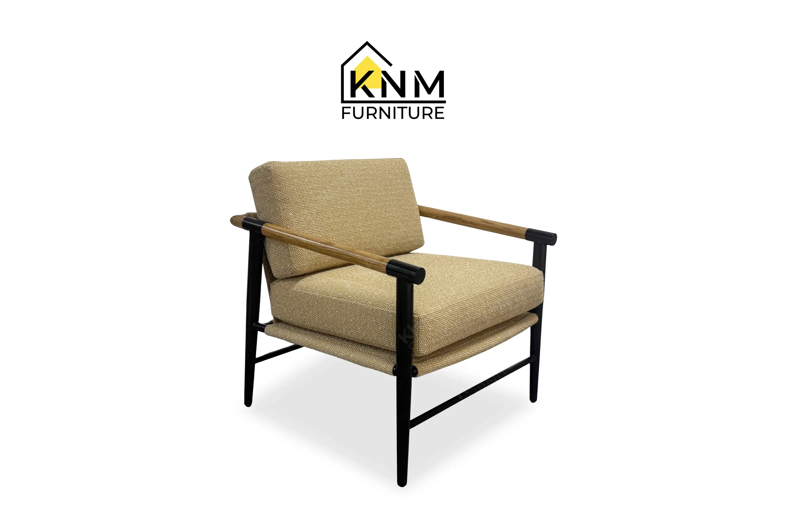 A perspective view illustrating the Solid White Oak armrests and metal frame of the Mayer upholstered metal oak lounge chair produced by Khanom Furniture.