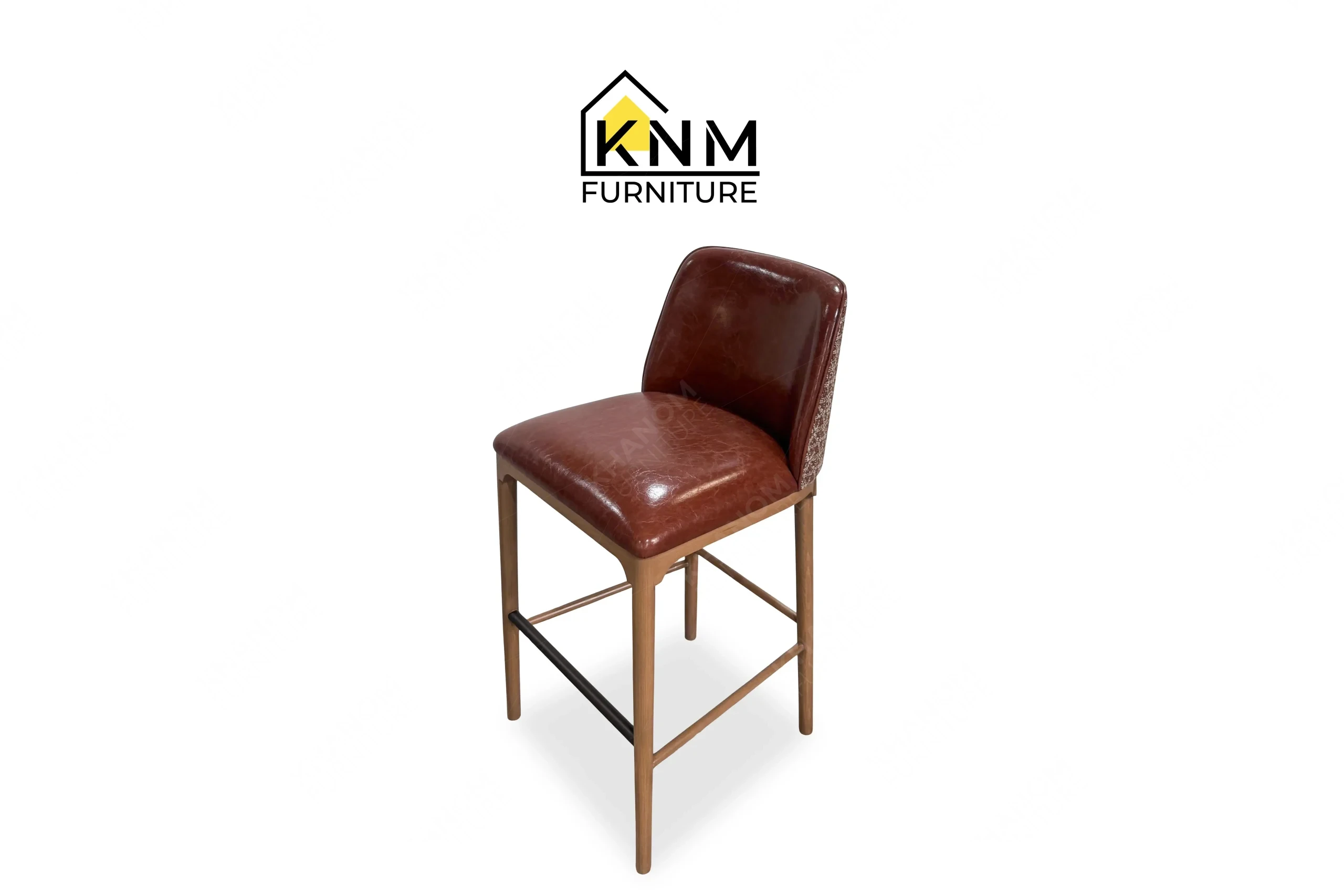 A perspective view illustrating the Maple frame and tailored upholstery of the Multi-COM Maple Full Metal Stretcher Barstool produced by Khanom Furniture.