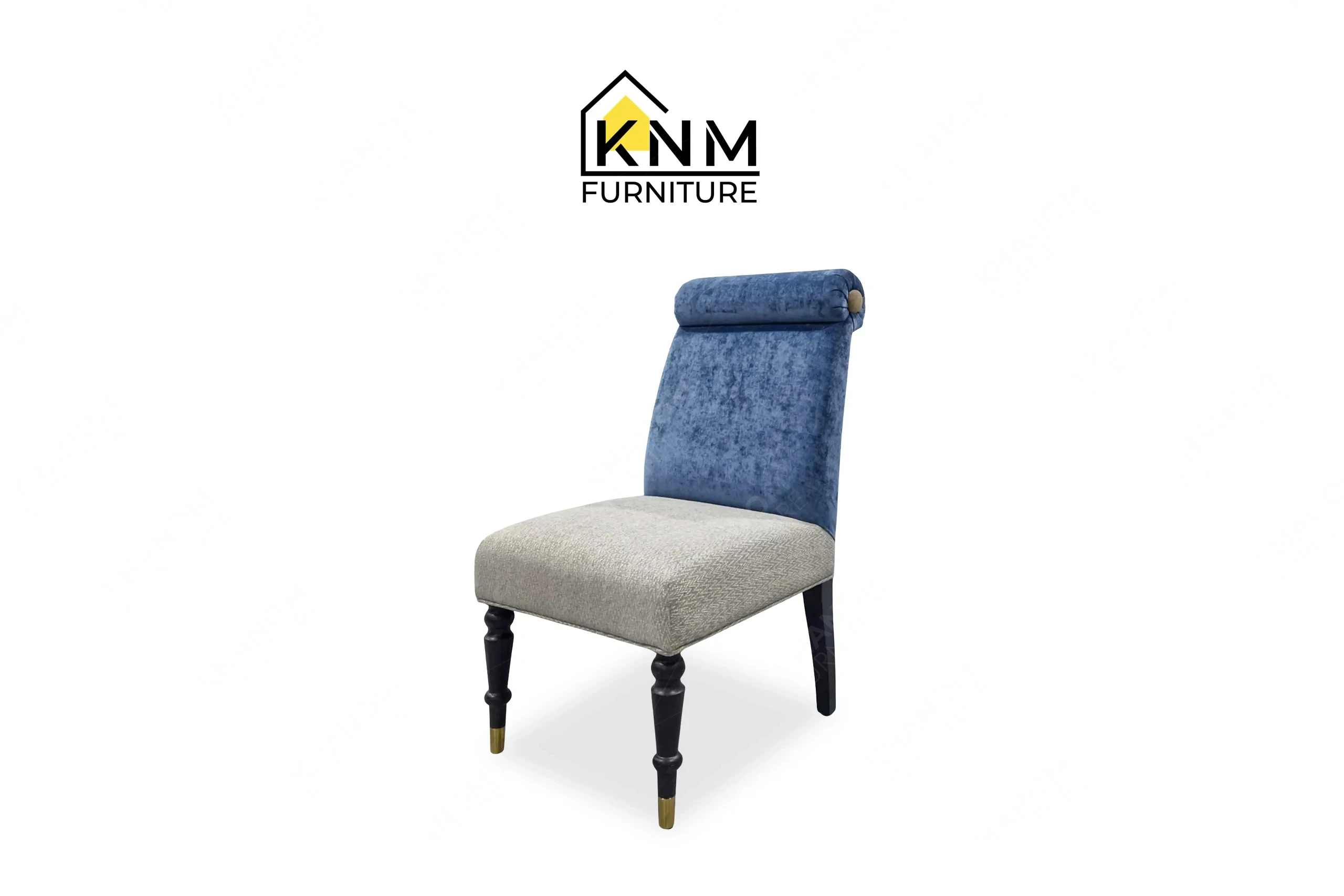 A perspective view illustrating the rolled back and turned legs of the multi-COM rolled back dining chair produced by Khanom Furniture.