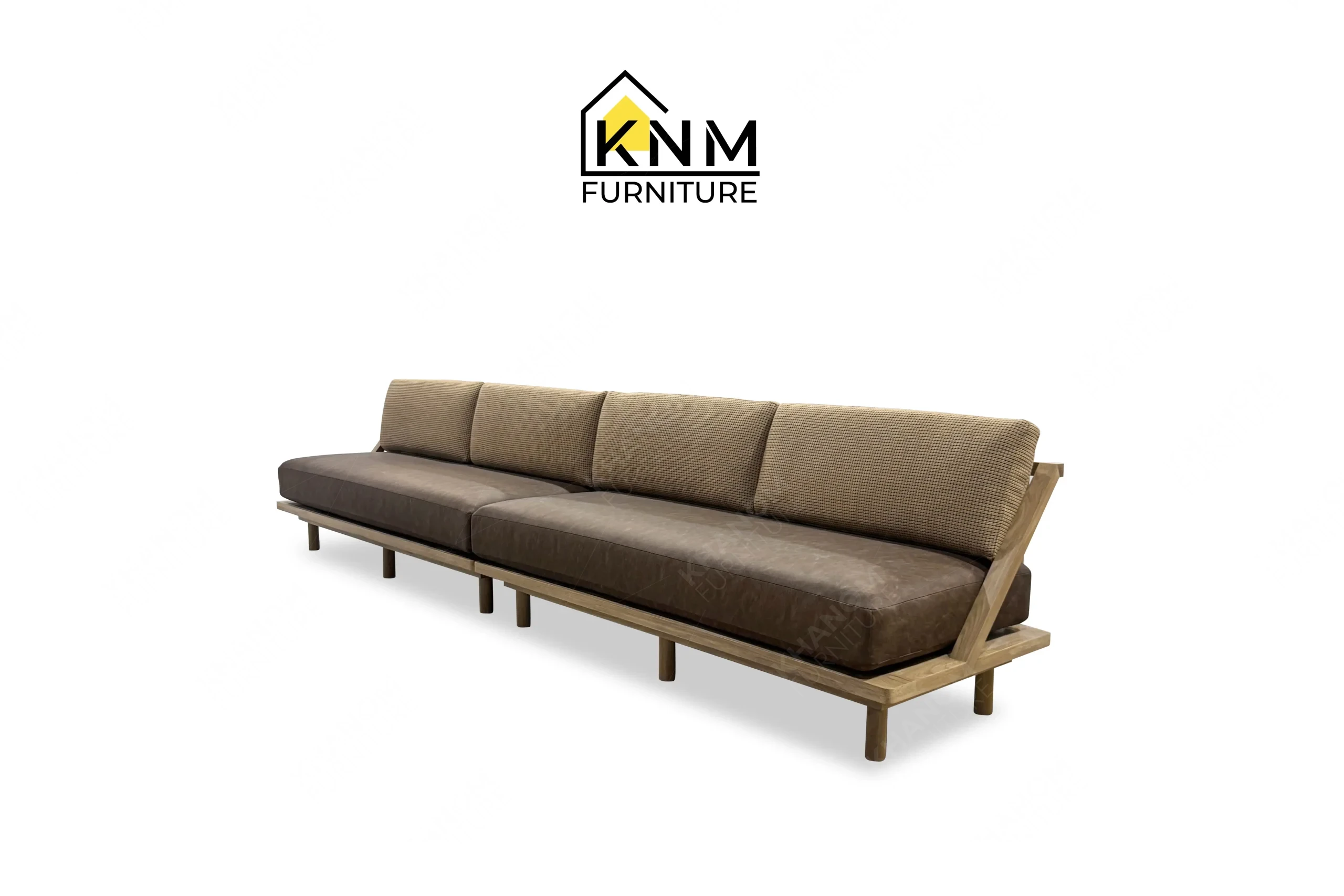 A perspective view illustrating the solid oak frame and divided cushions of the Multi-COM Solid Oak 144-Inch Lounge Sofa produced by Khanom Furniture.
