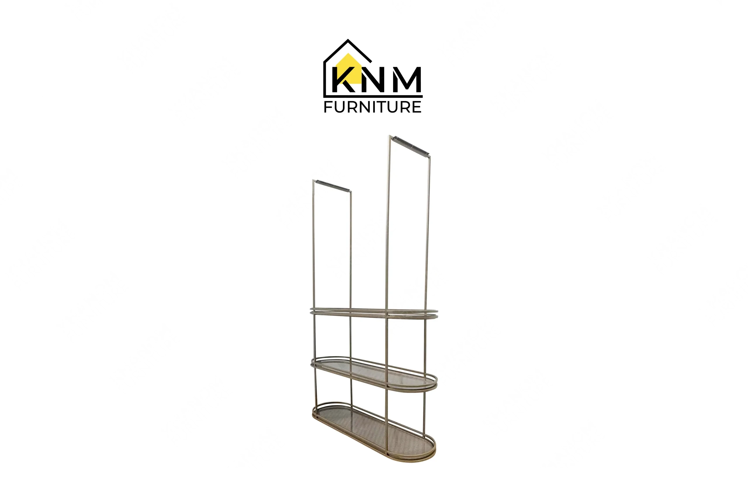 A perspective view illustrating the curved metal bands and mesh glass of the Platinum Nickel mesh glass minibar shelves produced by Khanom Furniture.