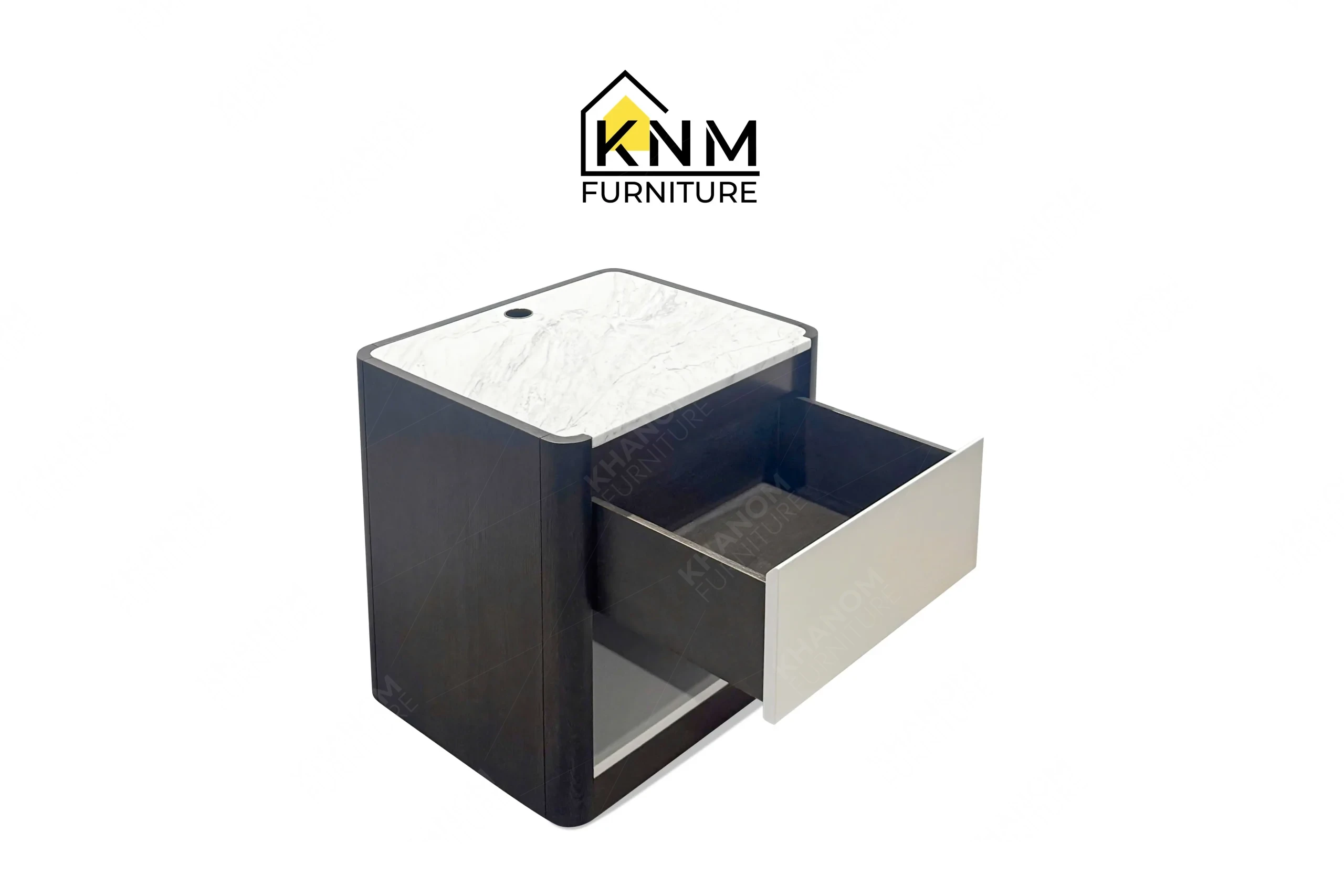 A perspective view illustrating the oak frame and stone top of the Volakas marble Stoneguard lacquer oak nightstand produced by Khanom Furniture.