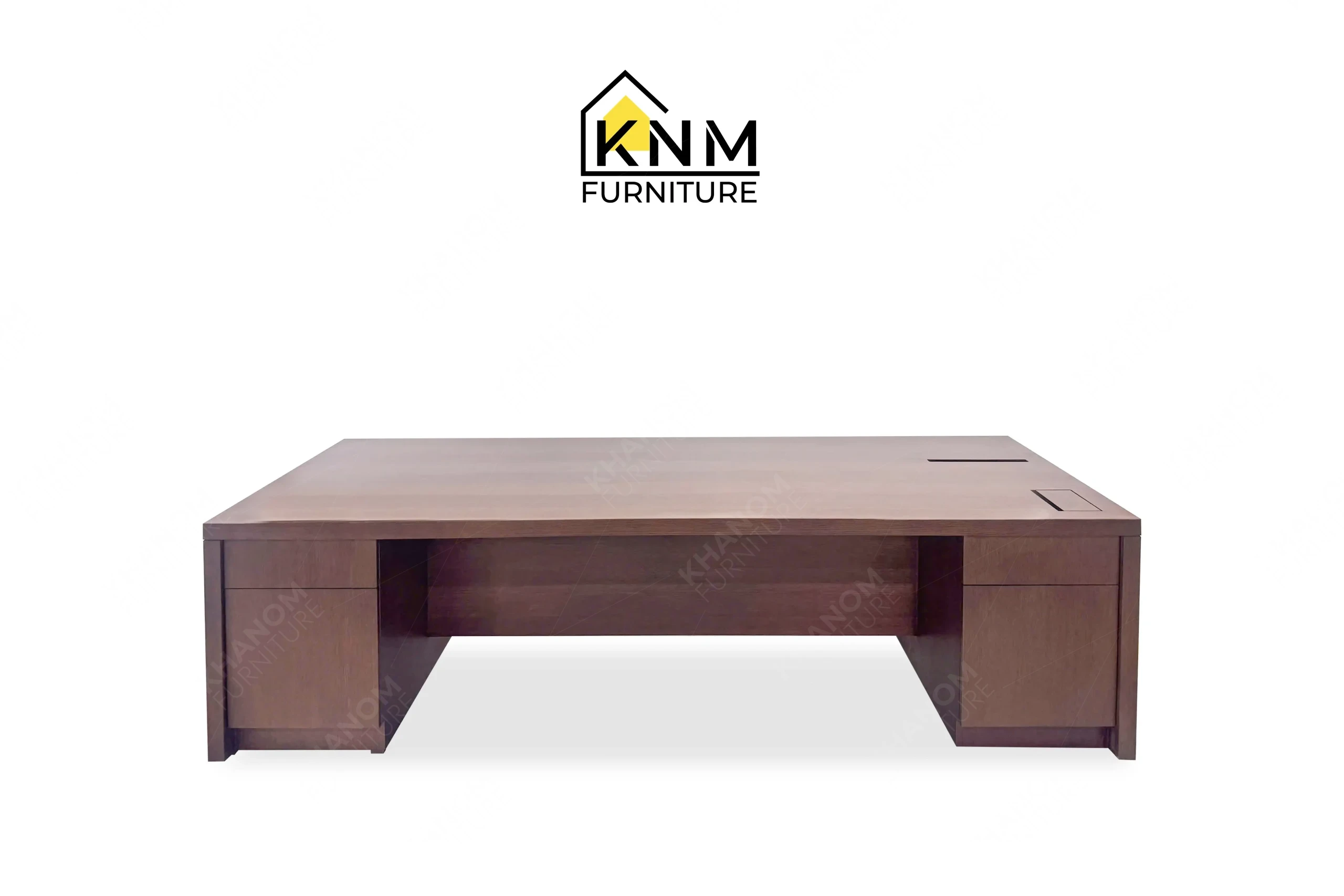 This front perpective view displays the Walnut Quarter Cut Oak Executive Desk manufactured by Khanom Furniture, highlighting the expansive wood top and dual side pedestals.