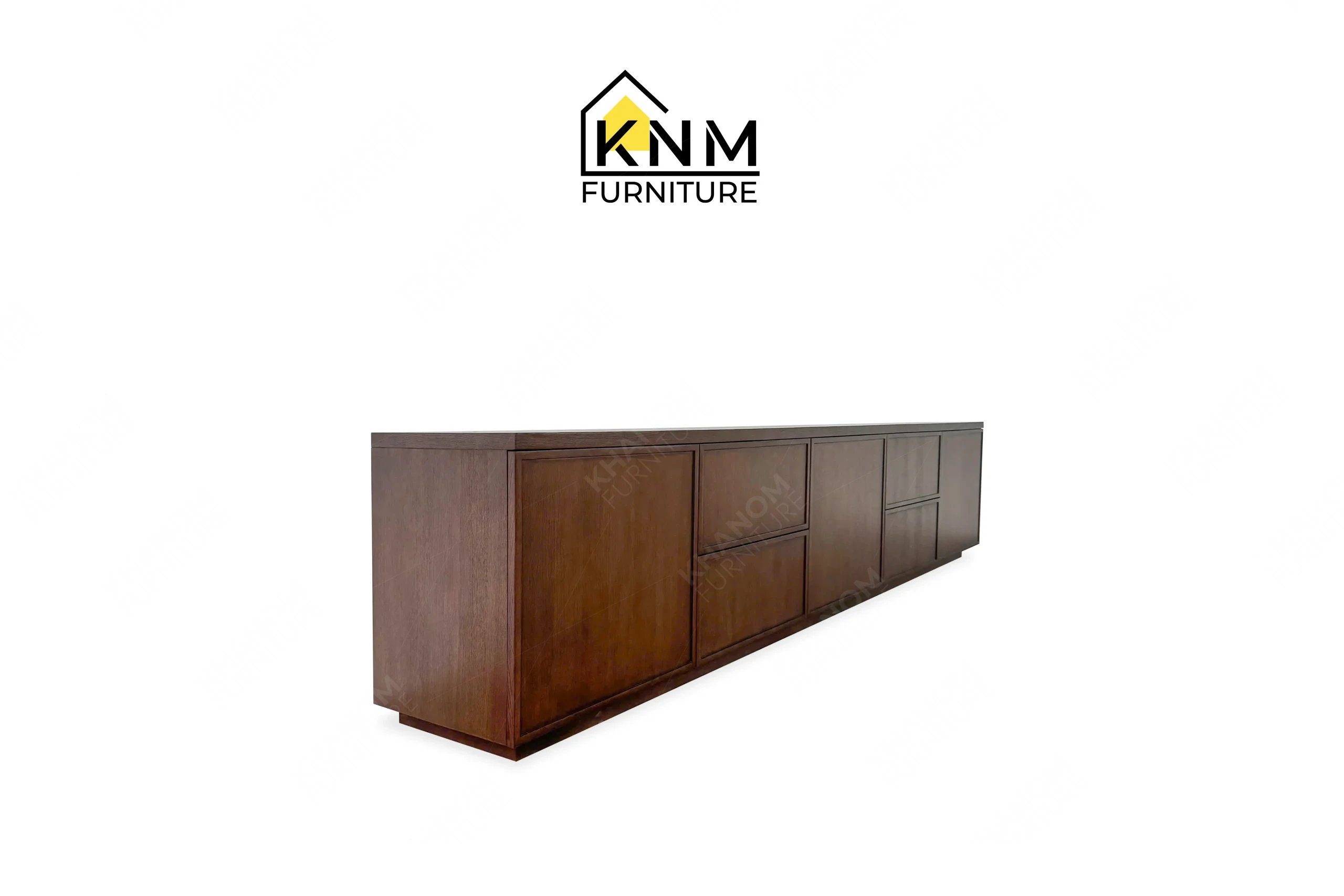 The side profile of the 140-Inch Walnut Quarter Cut Oak Credenza highlights the optimized 21-inch depth specified by Khanom Furniture.