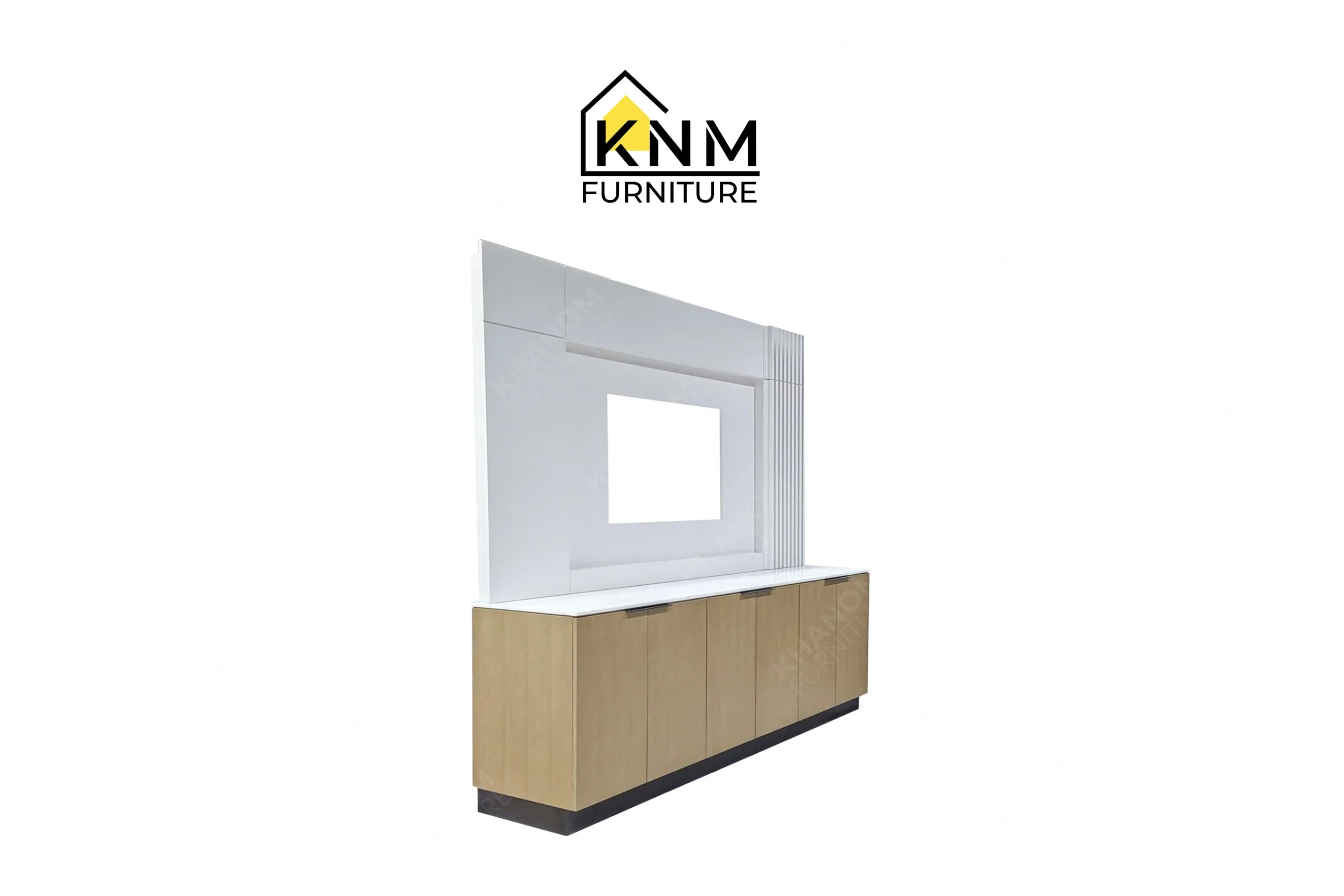 A perspective left view illustrating the stone countertop and fluted wall paneling of the Bianco Rhino marble TV console produced by Khanom Furniture.
