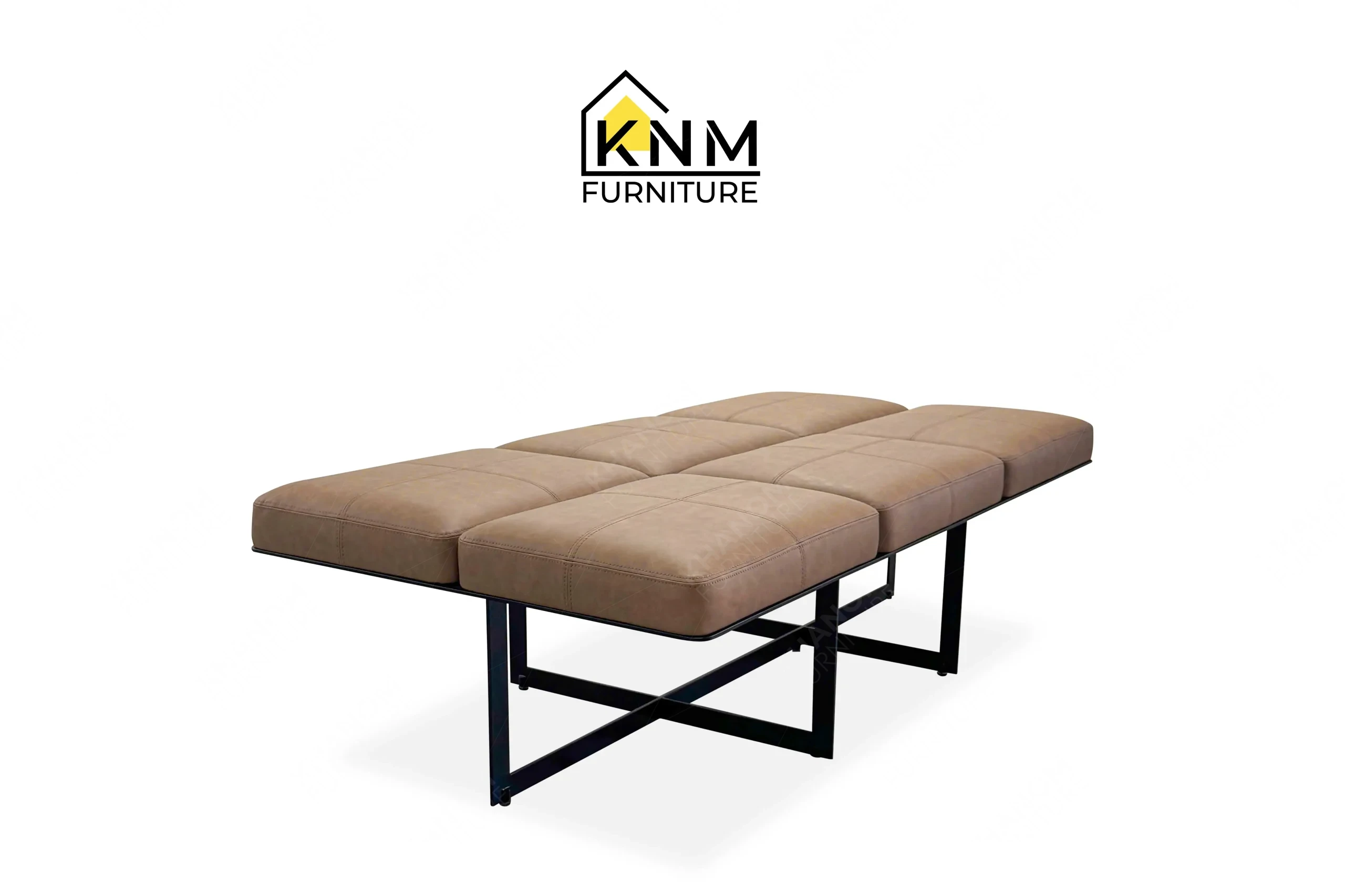 The side profile of the Fabricut upholstered metal locker room bench highlights the lateral metal framing specified by Khanom Furniture.