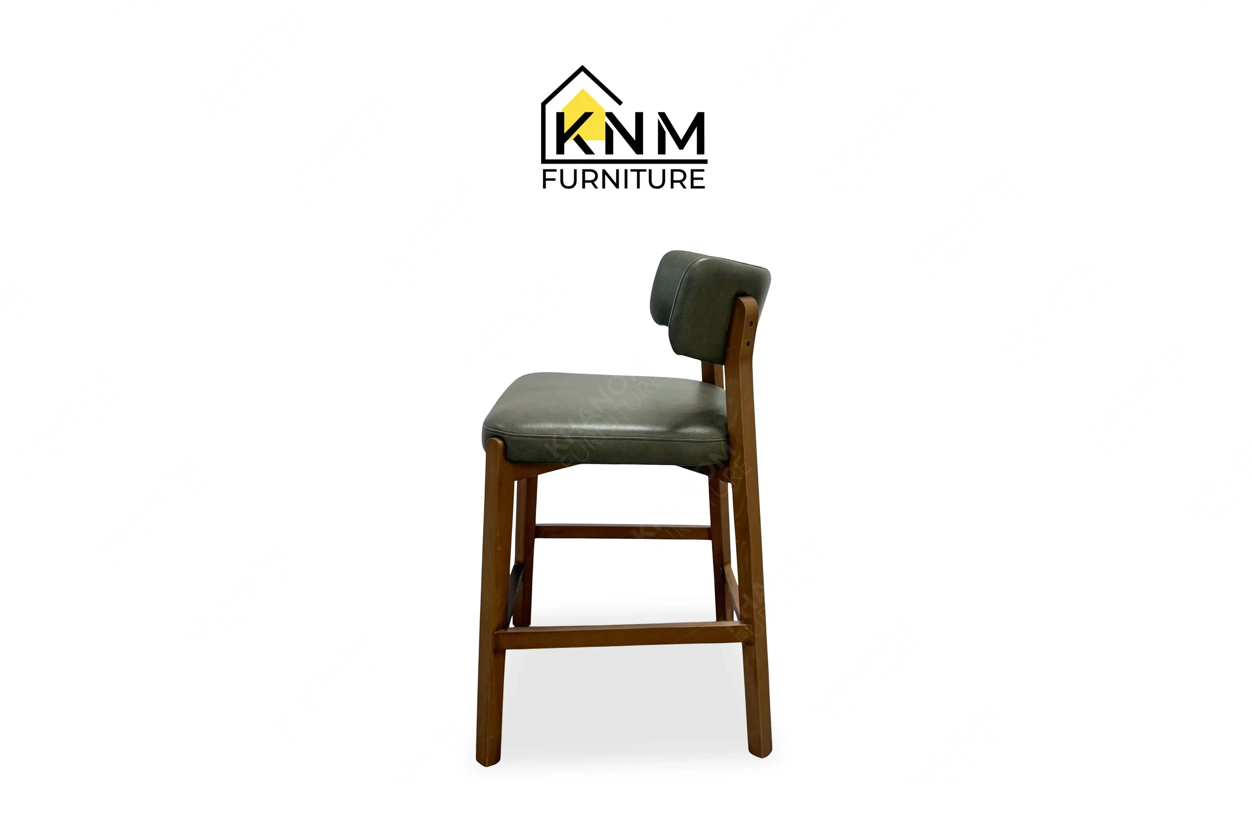 The side profile of the Italian Walnut Maple counter bar stool highlights the ergonomic pitch and structural side stretchers specified by Khanom Furniture.