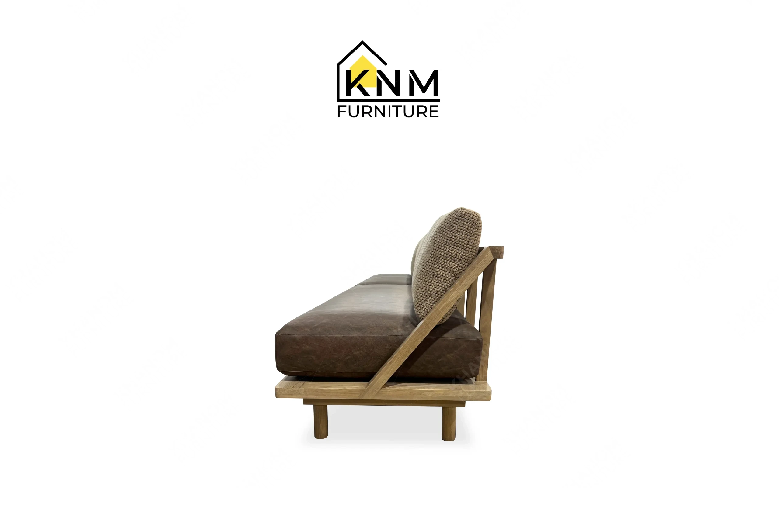 The side profile of the Multi-COM Solid Oak 144-Inch Lounge Sofa highlights the 2-inch thick solid oak armrest specified by Khanom Furniture.