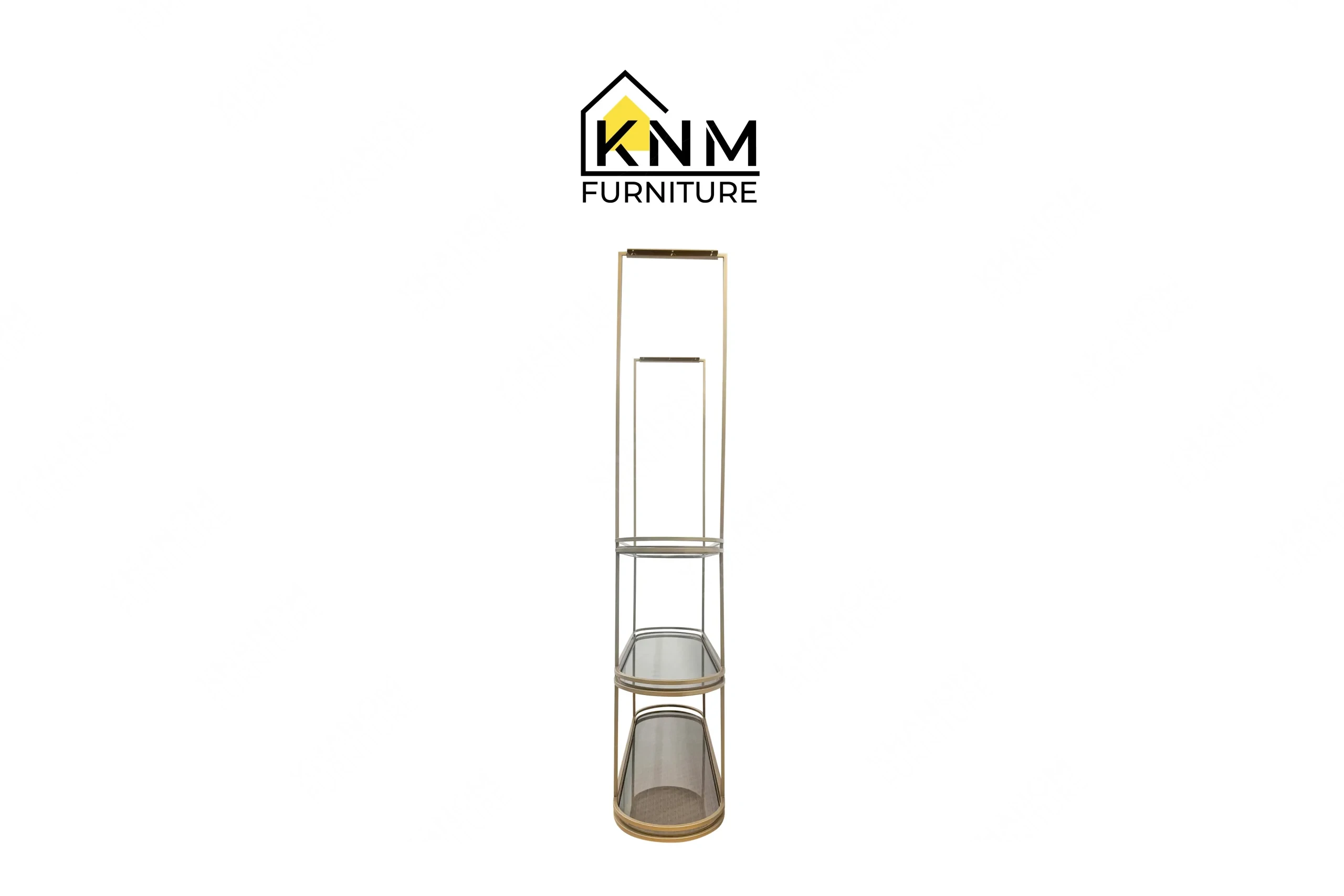 The side profile of the Platinum Nickel mesh glass minibar shelves highlights the vertical suspension rods and tiered shelving specified by Khanom Furniture.