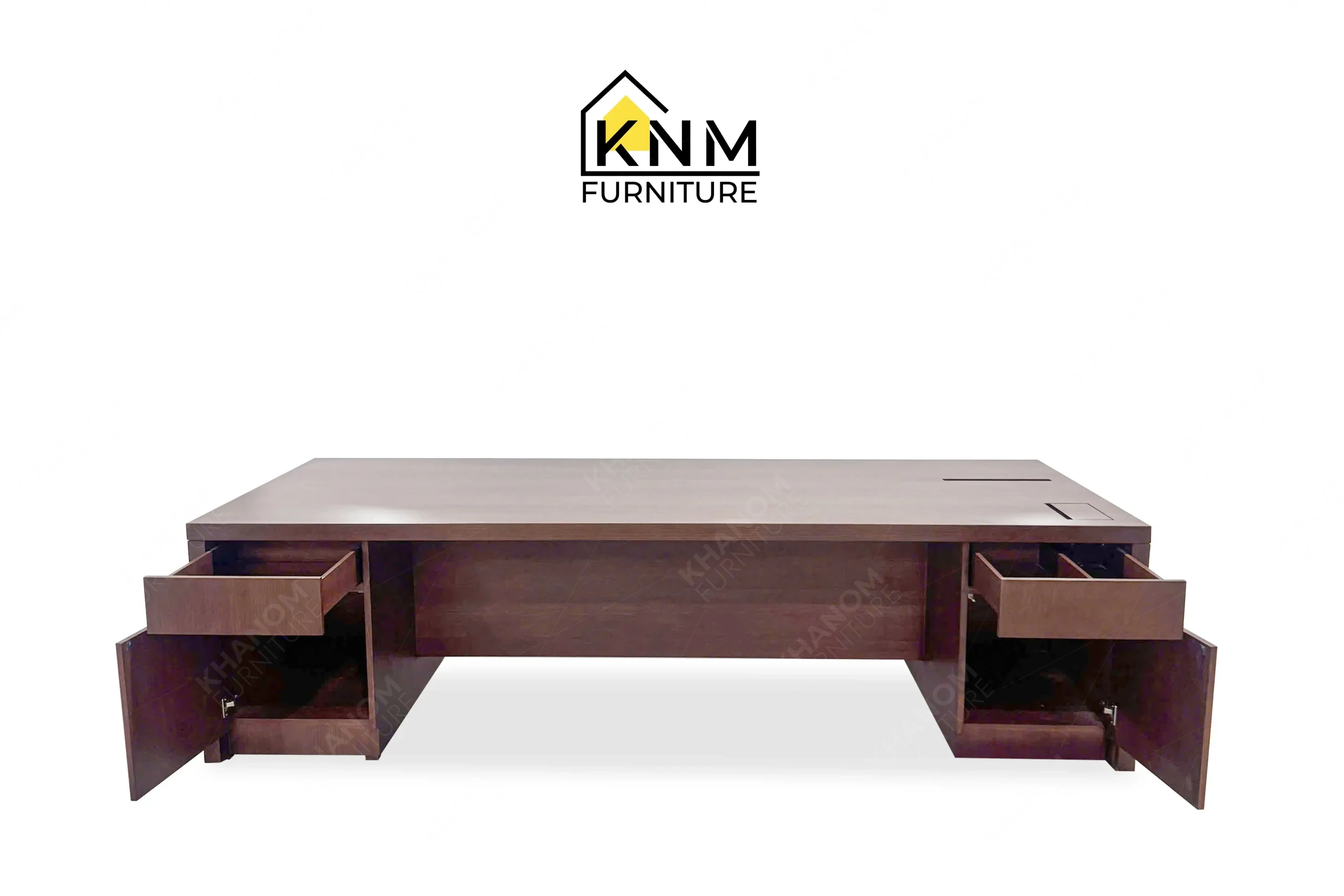 This front opened view displays the Walnut Quarter Cut Oak Executive Desk manufactured by Khanom Furniture, highlighting the expansive wood top and dual side pedestals.