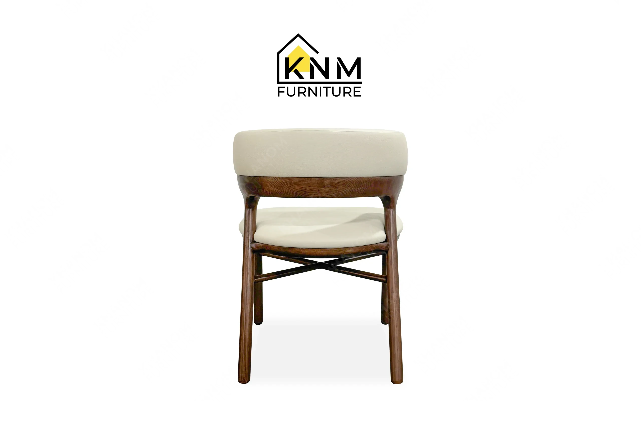 This rear view captures the exposed Ash wood backrest of the Ash solid wood upholstered dining chair engineered by Khanom Furniture.