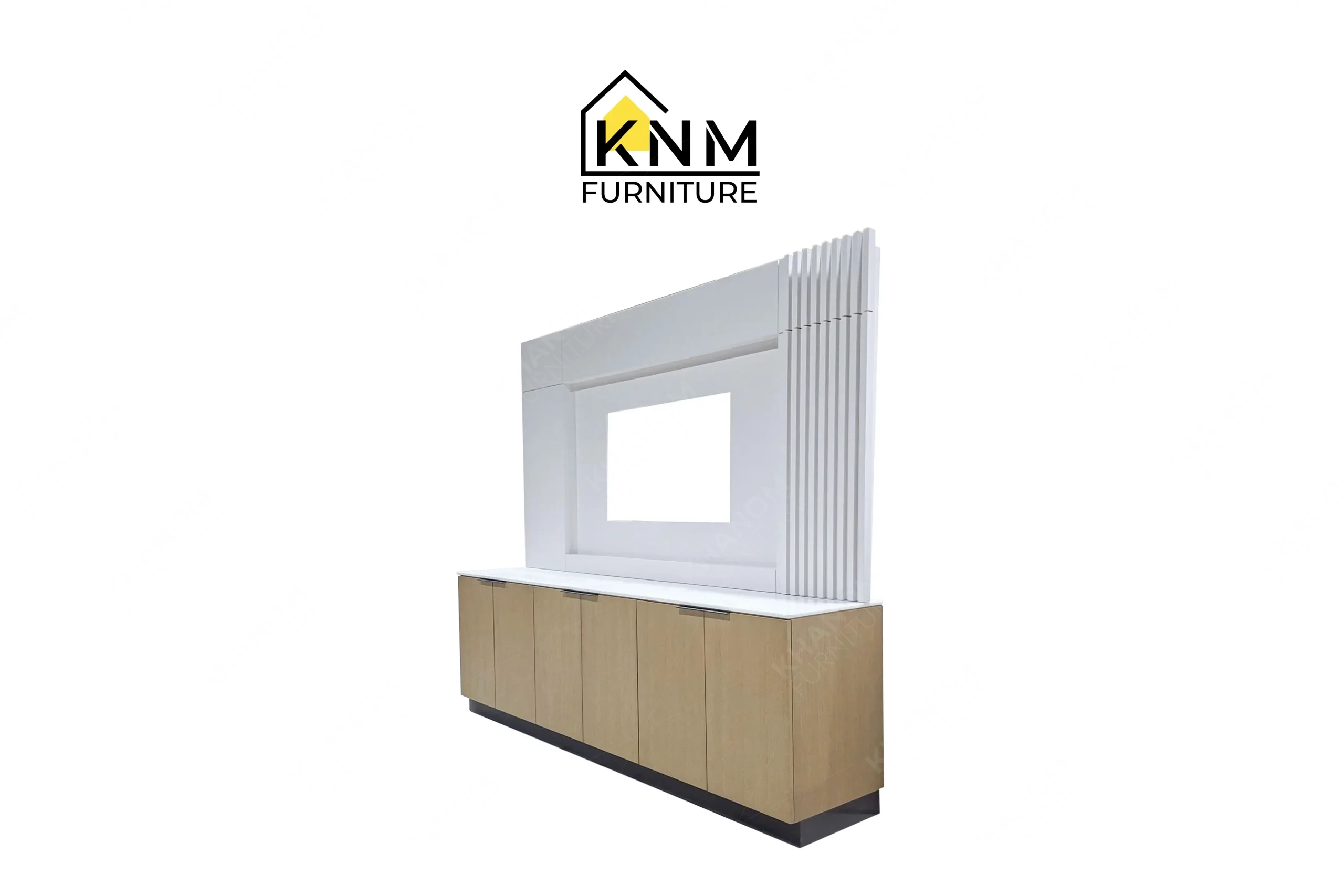 A perspective right view illustrating the stone countertop and fluted wall paneling of the Bianco Rhino marble TV console produced by Khanom Furniture.