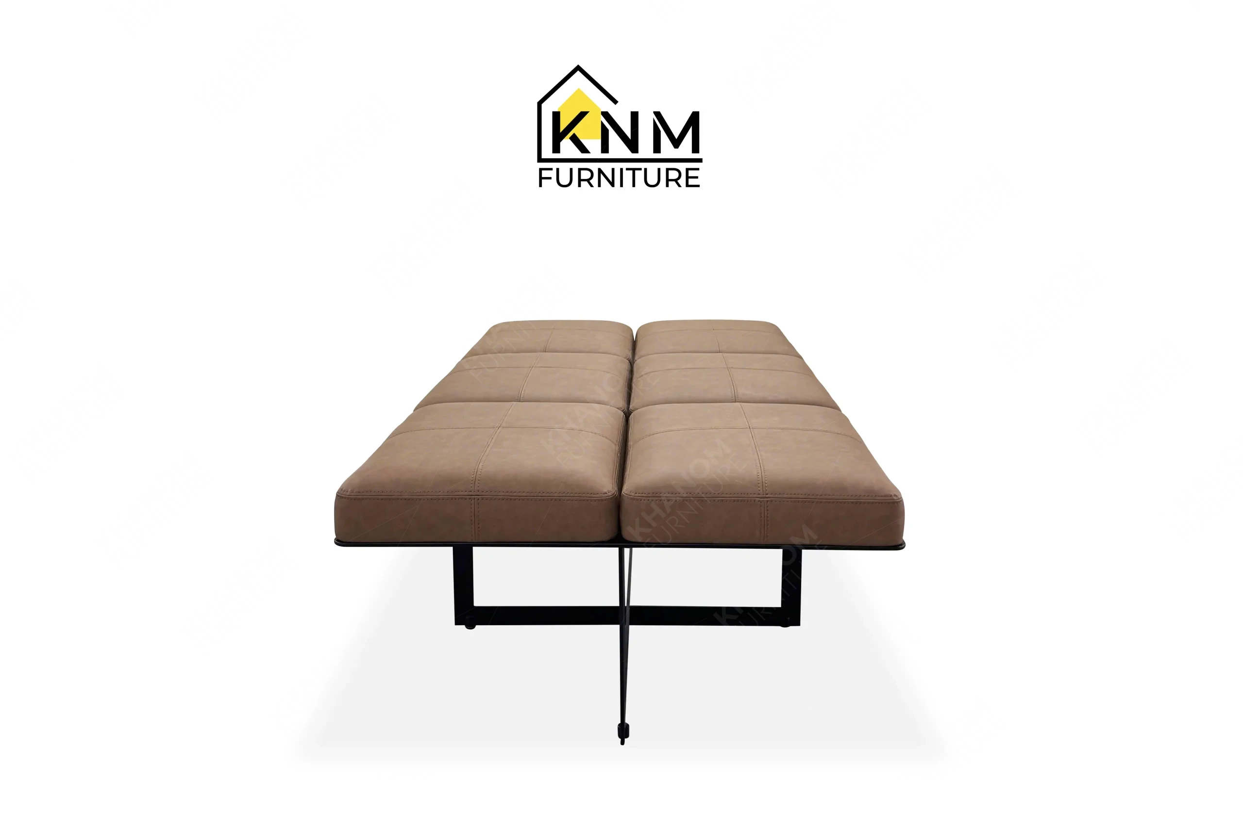 This top view captures the 6-panel grid upholstery of the Fabricut upholstered metal locker room bench engineered by Khanom Furniture.