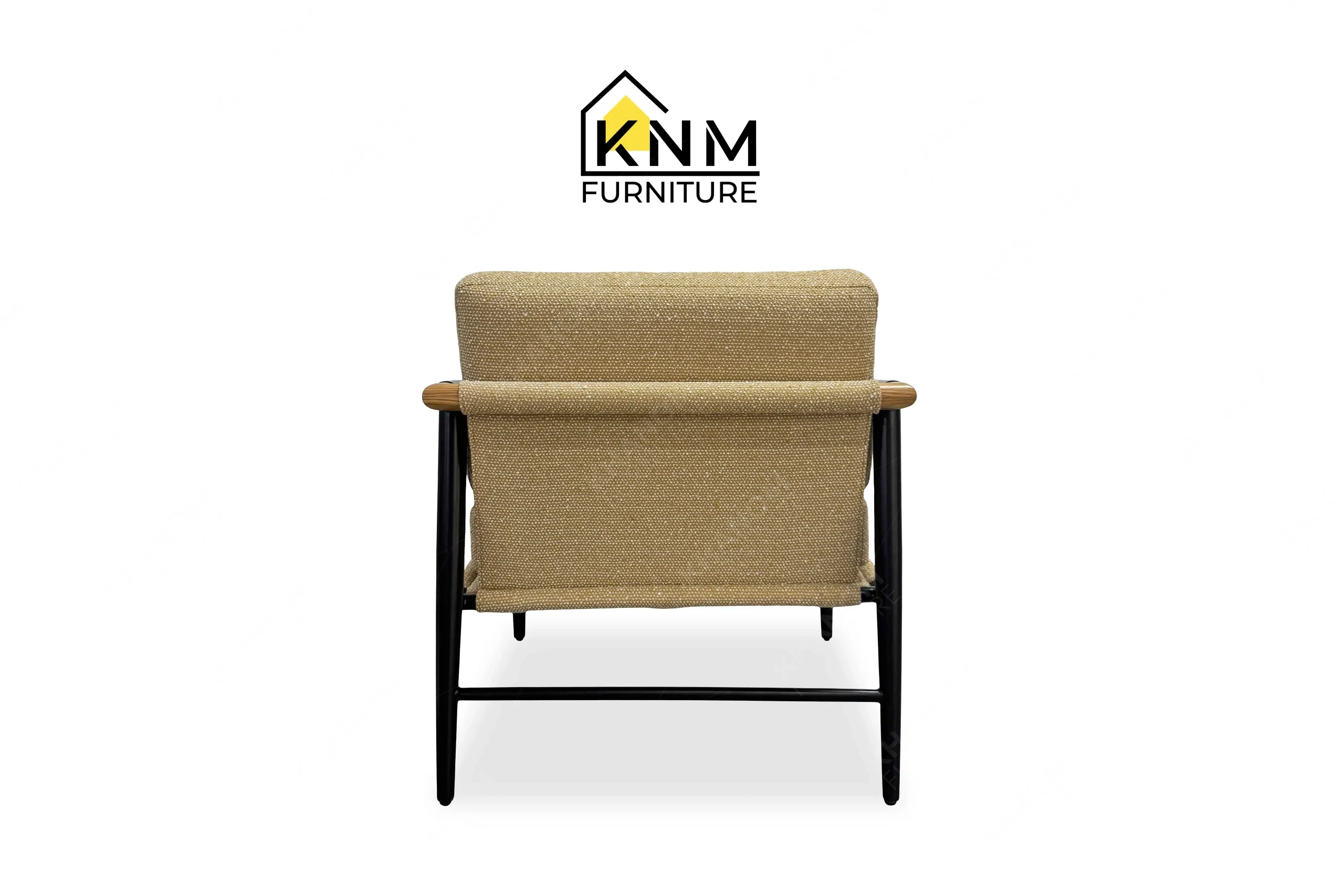 This rear view captures the exposed metal framework and loose back cushion of the Mayer upholstered metal oak lounge chair engineered by Khanom Furniture.