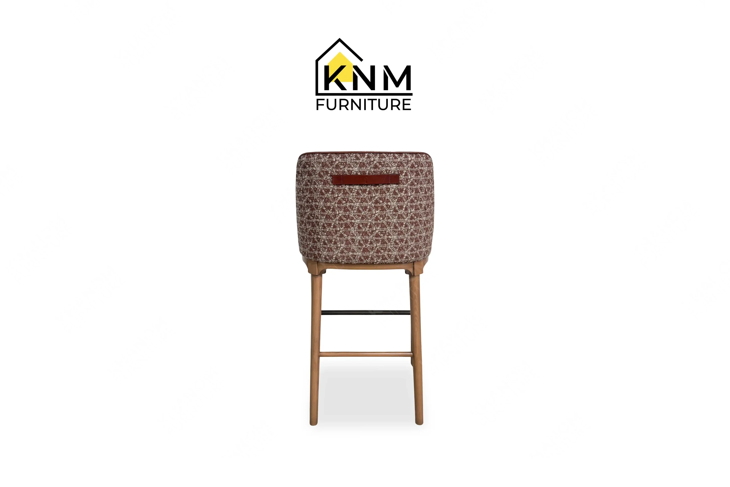 This rear view captures the textured outer back upholstery of the Multi-COM Maple Full Metal Stretcher Barstool engineered by Khanom Furniture.