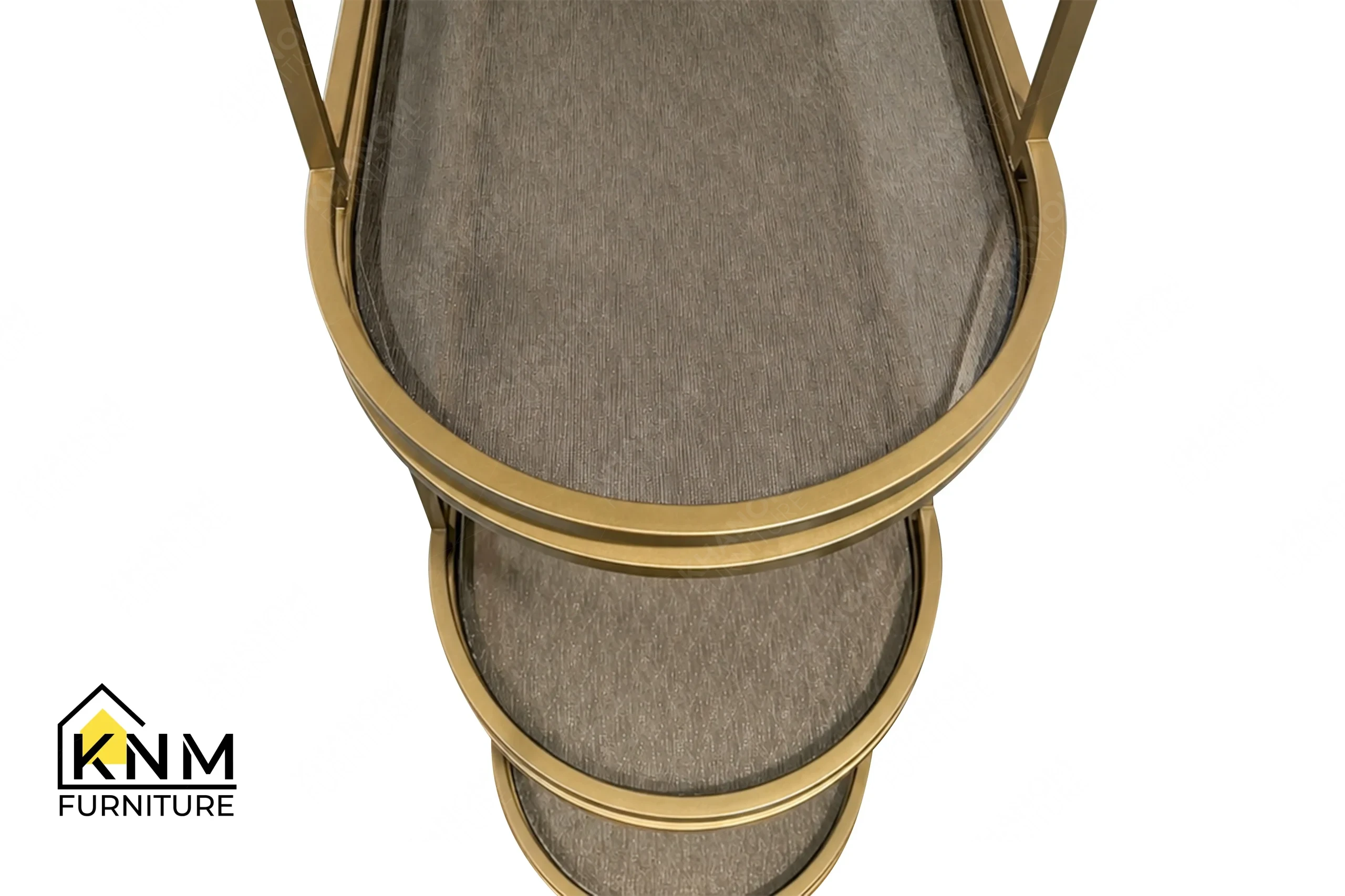 A detailed material zoom of the Platinum Nickel mesh glass minibar shelves by Khanom Furniture, showing the embedded wire within the mesh glass.