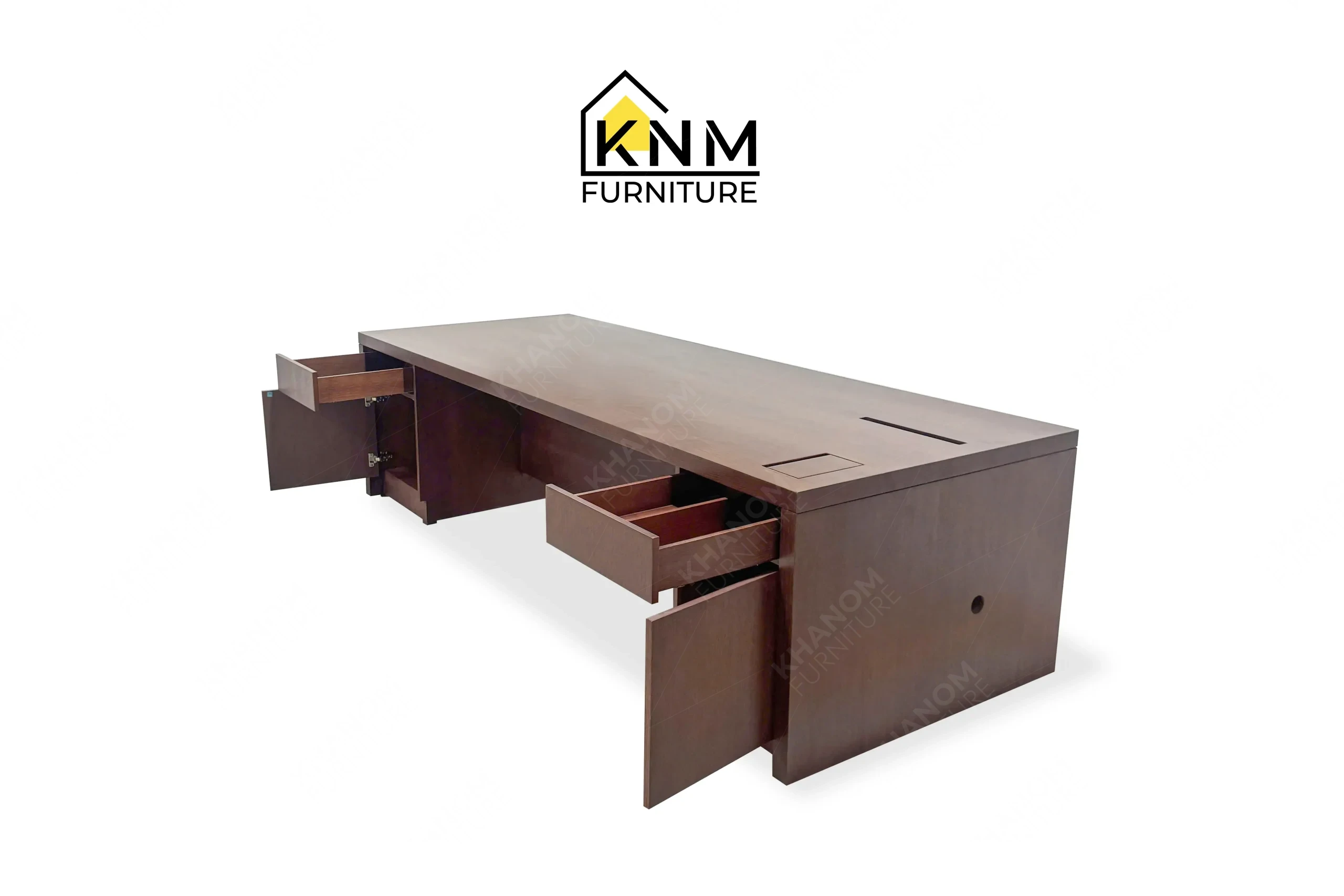 A perspective view illustrating the vast work surface and solid wood chassis of the Walnut Quarter Cut Oak Executive Desk produced by Khanom Furniture.
