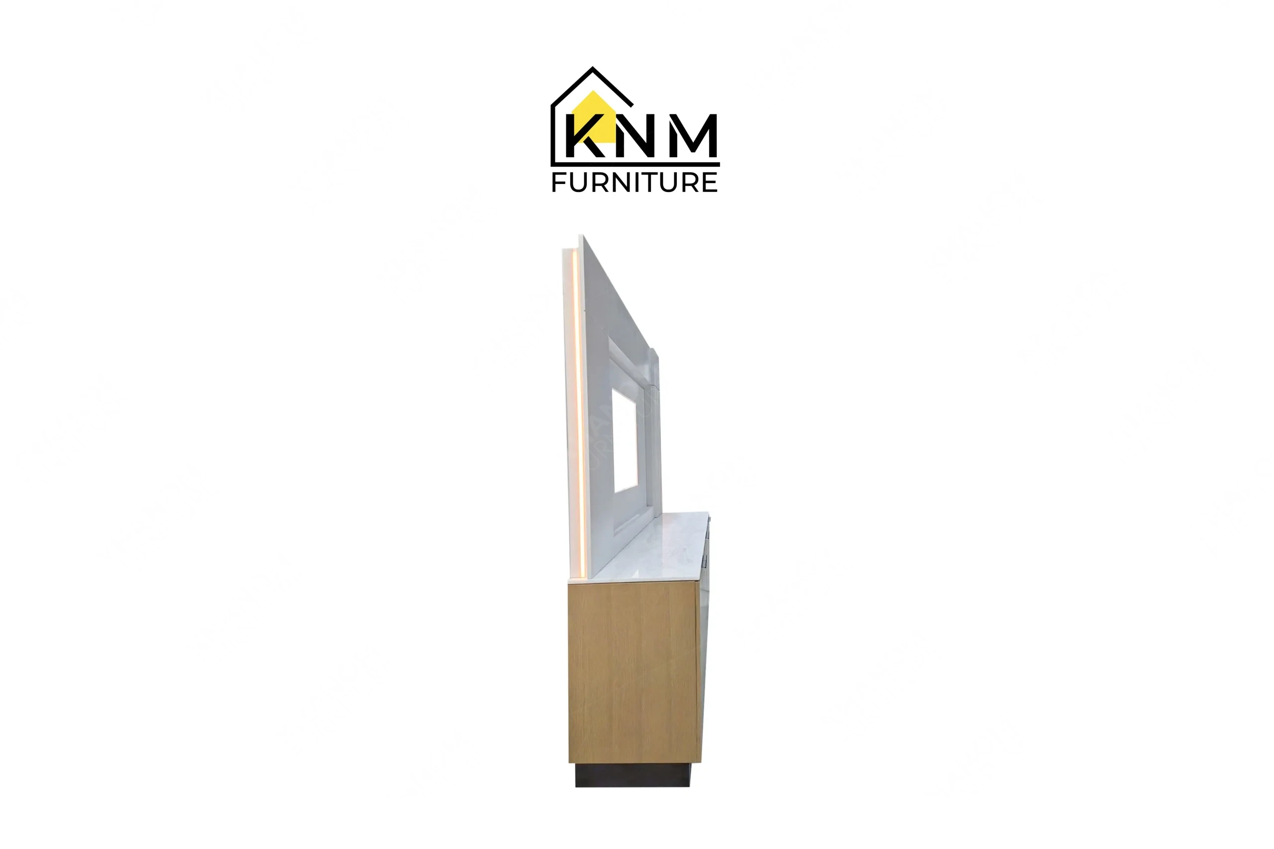 The side profile of the Bianco Rhino marble TV console highlights the synchronized side reveals specified by Khanom Furniture.
