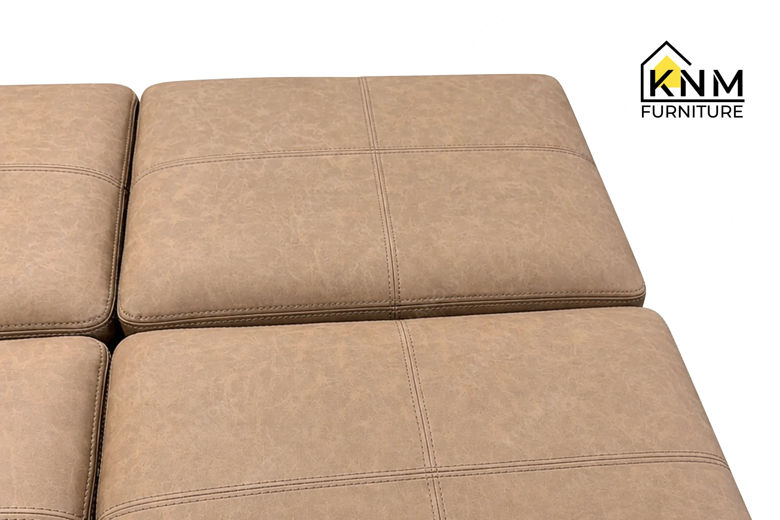 A detailed material zoom of the Fabricut upholstered metal locker room bench by Khanom Furniture, showing the texture of the Fabricut Galleria textile.