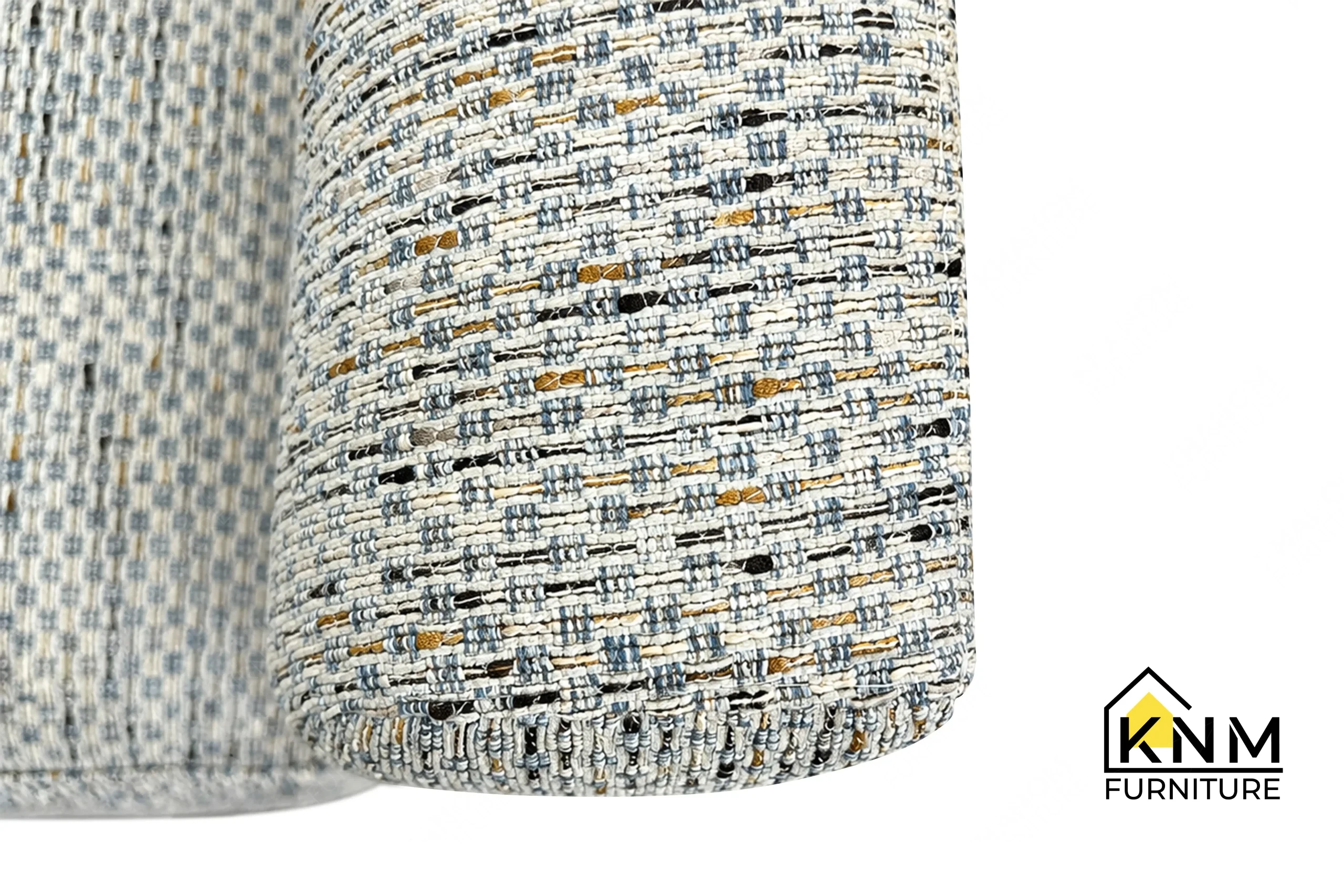 A technical detail of the Fabricut upholstered swivel lounge chair from Khanom Furniture, describing the reversible seat cushion construction.