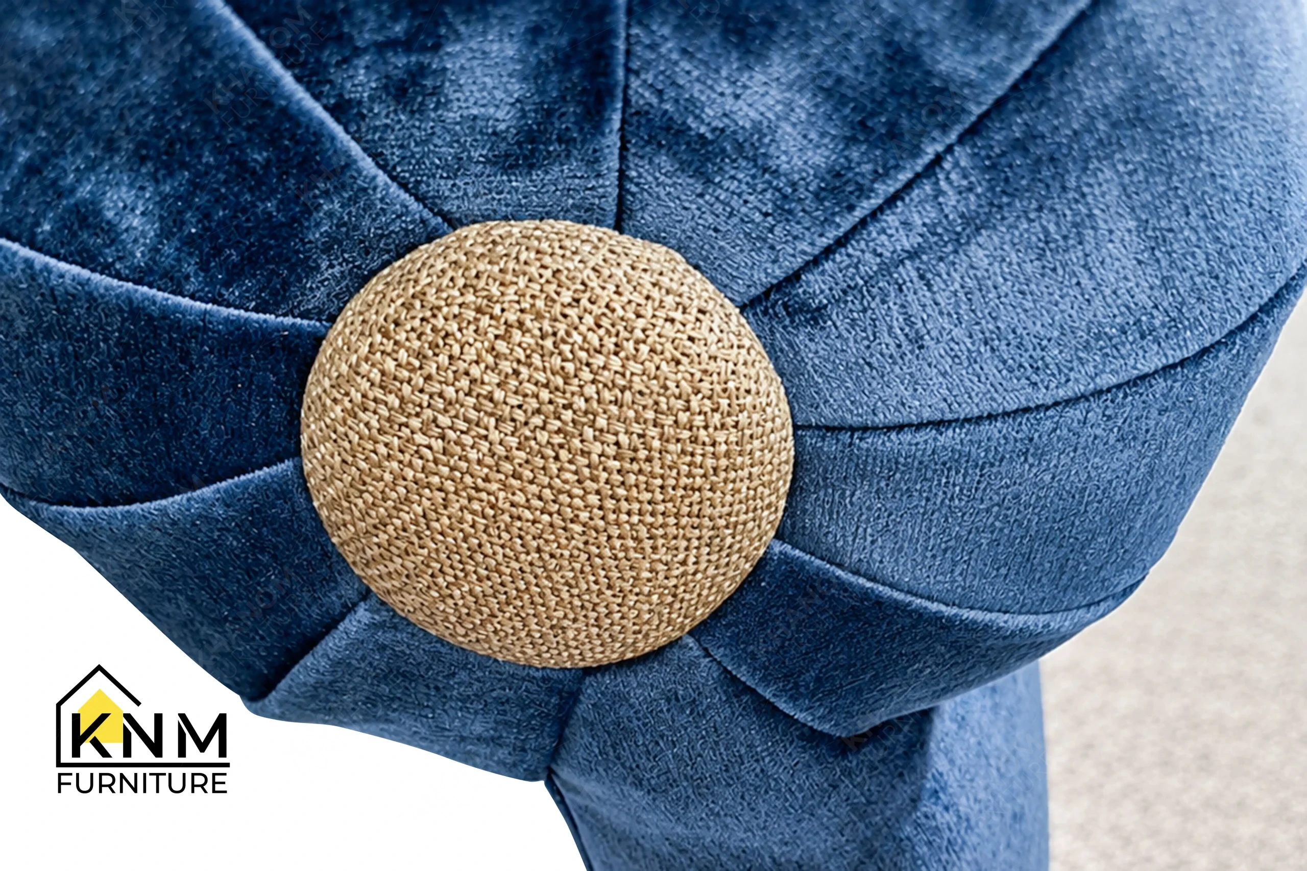 A detailed material zoom of the multi-COM rolled back dining chair by Khanom Furniture, showing the contrast between the textured seat and velvet back.
