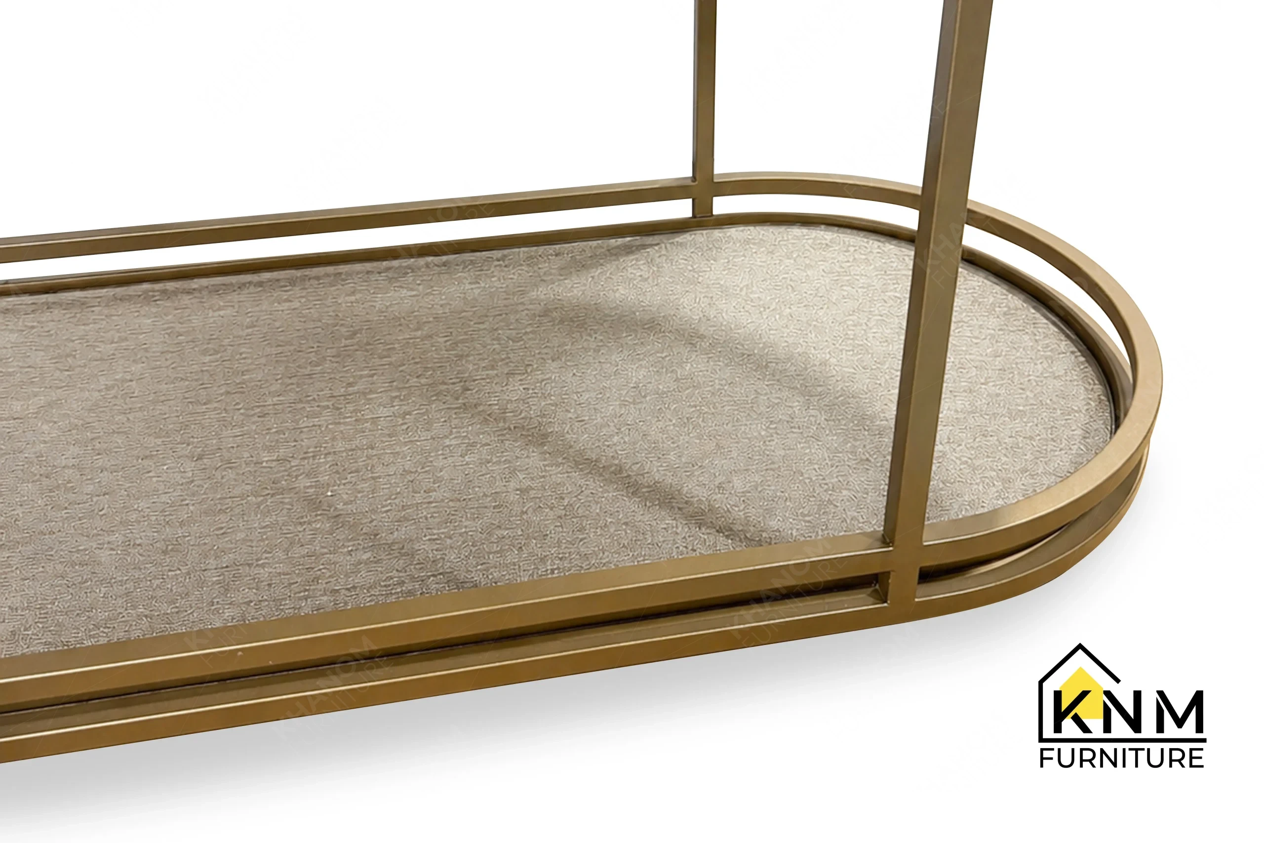 A technical detail of the Platinum Nickel mesh glass minibar shelves from Khanom Furniture, describing the flush inset glass within the metal banding.