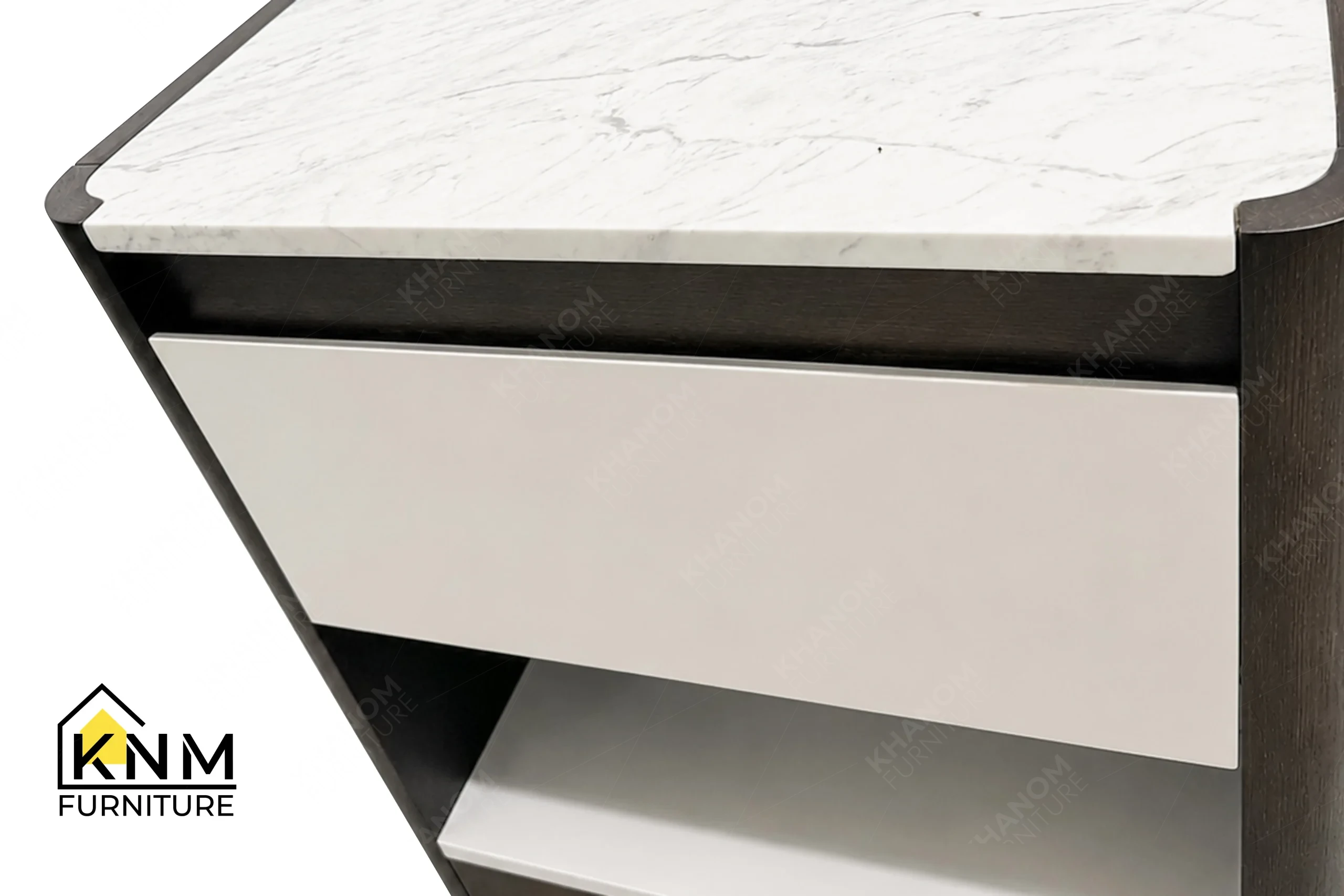 A detailed material zoom of the Volakas marble Stoneguard lacquer oak nightstand by Khanom Furniture, showing the protected Volakas marble surface.