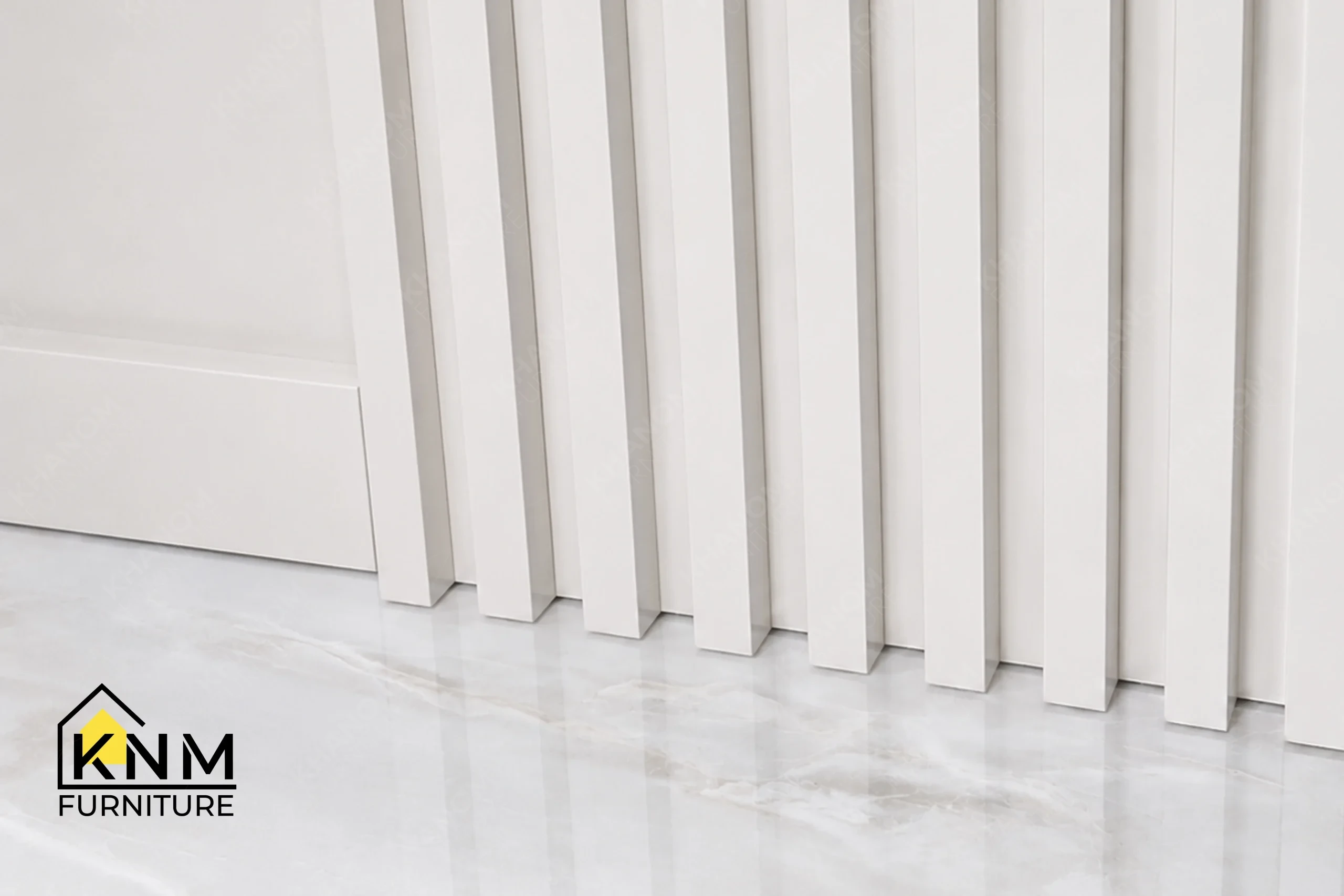 A technical detail of the Bianco Rhino marble TV console from Khanom Furniture, describing the grain-matched oak veneer credenza doors.